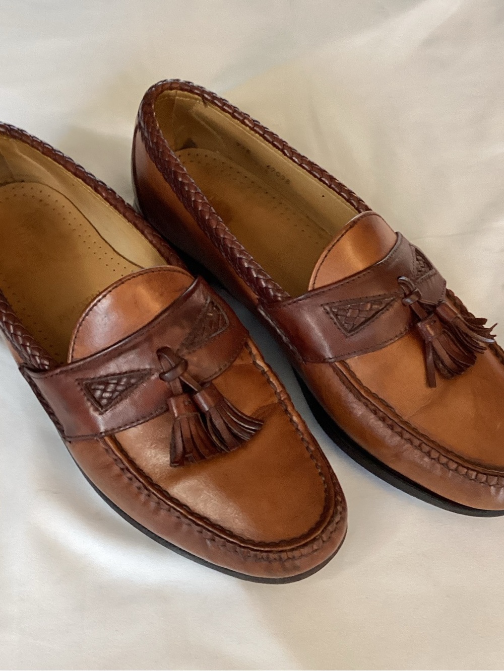 Allen Edmonds Maxfield Tassel Loafers 9.5 E Brown Leather Woven Trim 67008